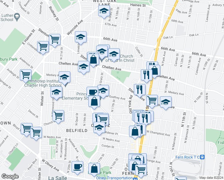 map of restaurants, bars, coffee shops, grocery stores, and more near 6229 North Bouvier Street in Philadelphia