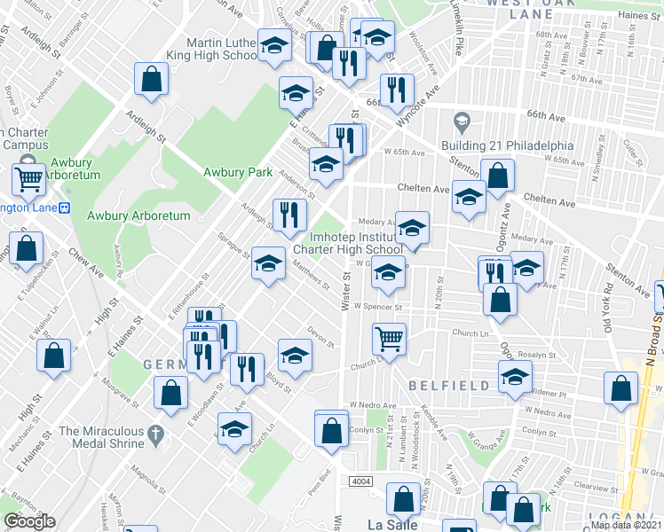 map of restaurants, bars, coffee shops, grocery stores, and more near 5530 Ardleigh Street in Philadelphia
