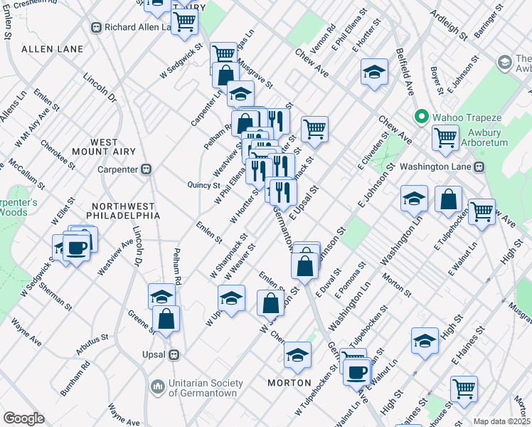 map of restaurants, bars, coffee shops, grocery stores, and more near 9 West Sharpnack Street in Philadelphia