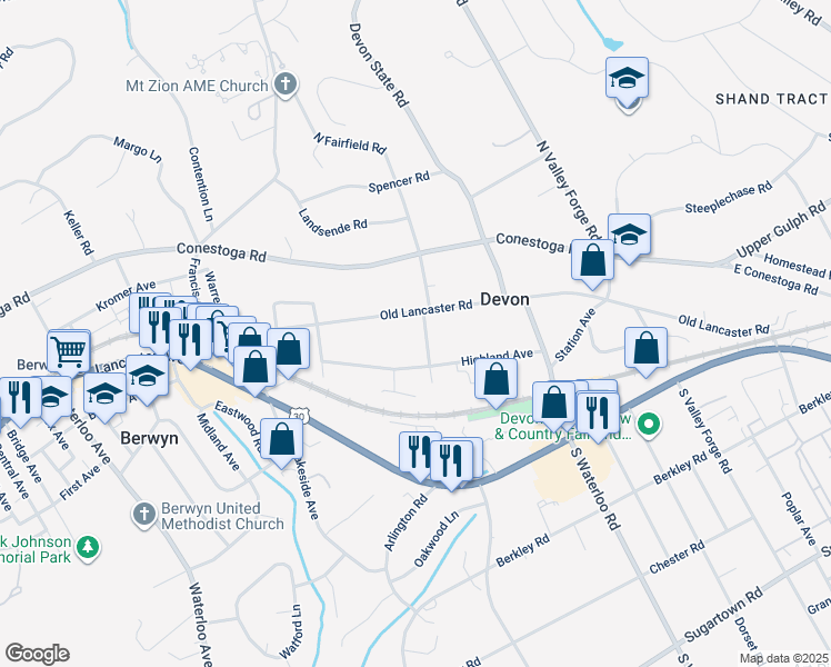 map of restaurants, bars, coffee shops, grocery stores, and more near 114 North Fairfield Road in Devon
