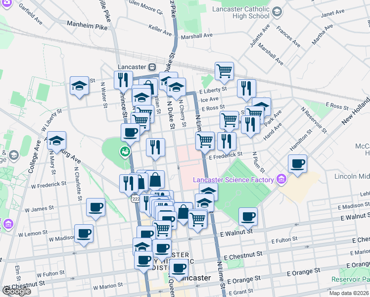 map of restaurants, bars, coffee shops, grocery stores, and more near in Lancaster