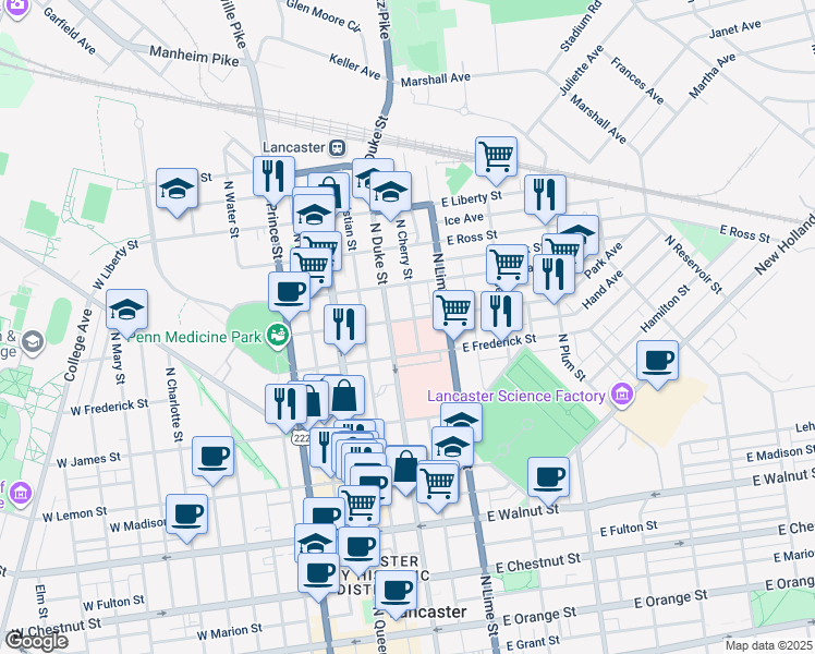 map of restaurants, bars, coffee shops, grocery stores, and more near in Lancaster