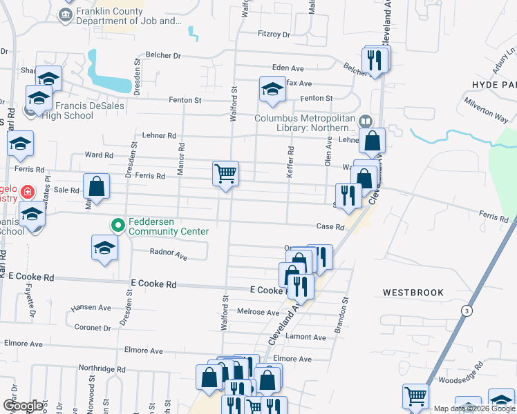 map of restaurants, bars, coffee shops, grocery stores, and more near 2078 Case Road in Columbus