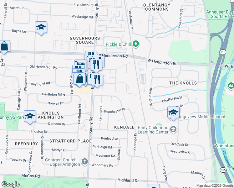 map of restaurants, bars, coffee shops, grocery stores, and more near 4384 Kendale Road in Columbus