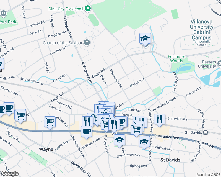 map of restaurants, bars, coffee shops, grocery stores, and more near 119 Walnut Avenue in Wayne