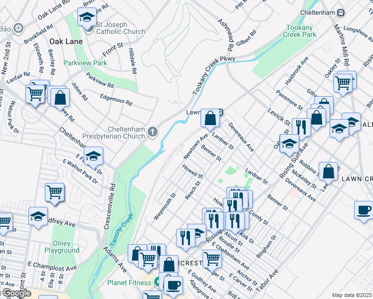map of restaurants, bars, coffee shops, grocery stores, and more near 6010 Newtown Avenue in Philadelphia