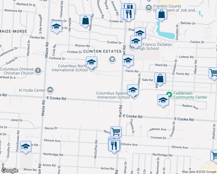 map of restaurants, bars, coffee shops, grocery stores, and more near 3939 Karl Road in Columbus