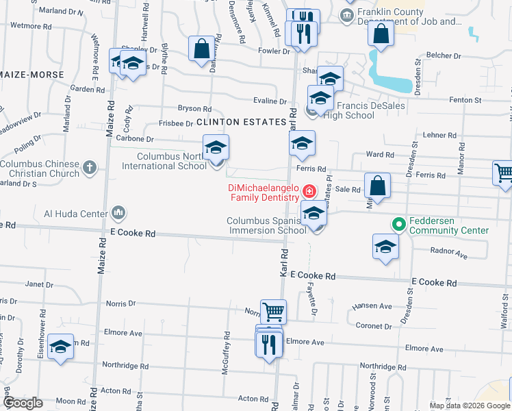 map of restaurants, bars, coffee shops, grocery stores, and more near 3939 Karl Road in Columbus