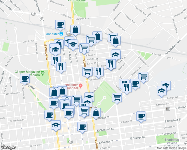 map of restaurants, bars, coffee shops, grocery stores, and more near 618 North Jefferson Street in Lancaster