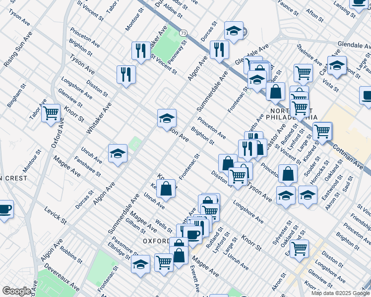 map of restaurants, bars, coffee shops, grocery stores, and more near 1225 Disston Street in Philadelphia