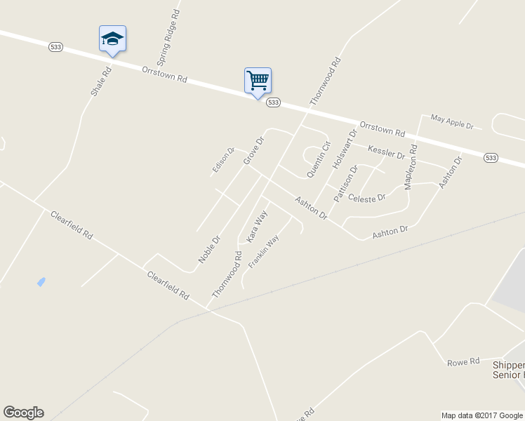 map of restaurants, bars, coffee shops, grocery stores, and more near 404 Kara Way in Shippensburg