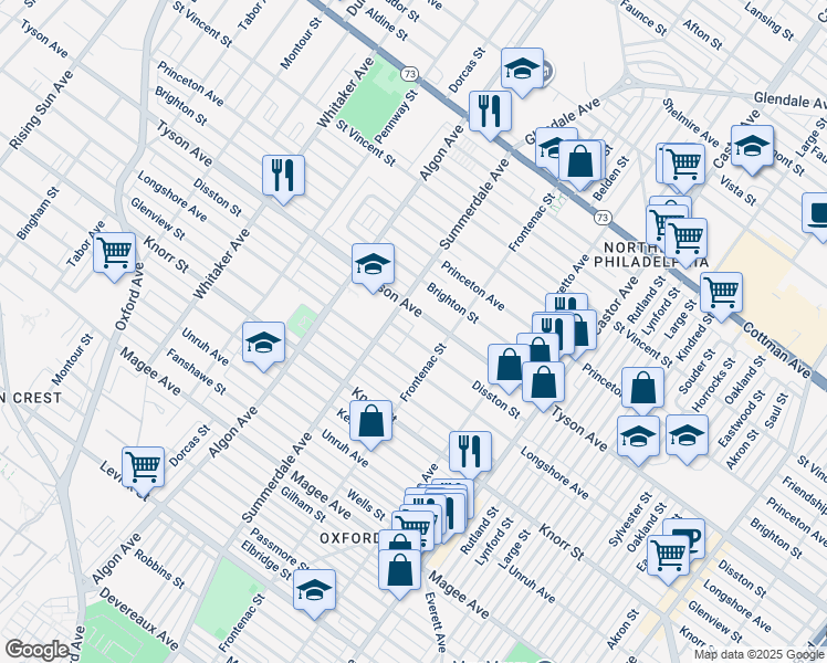 map of restaurants, bars, coffee shops, grocery stores, and more near 1225 Disston Street in Philadelphia