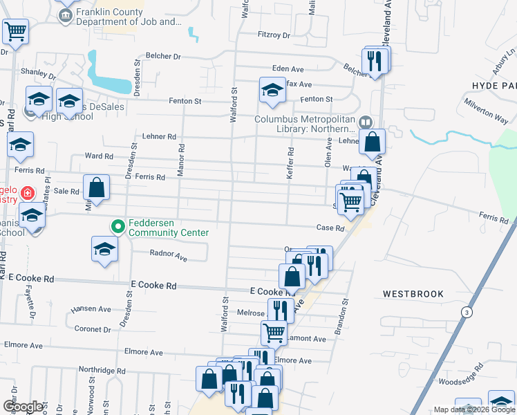 map of restaurants, bars, coffee shops, grocery stores, and more near 2078 Case Road in Columbus