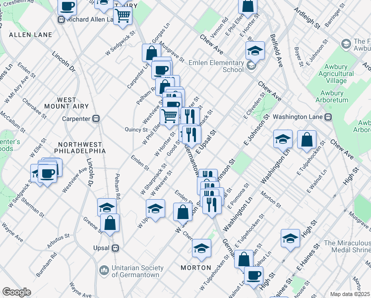 map of restaurants, bars, coffee shops, grocery stores, and more near 34 West Sharpnack Street in Philadelphia