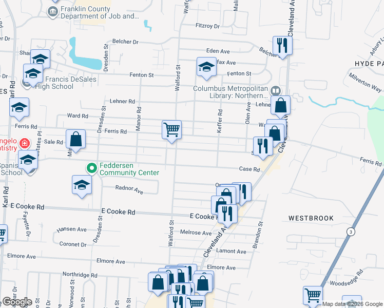 map of restaurants, bars, coffee shops, grocery stores, and more near 2028 Case Road in Columbus