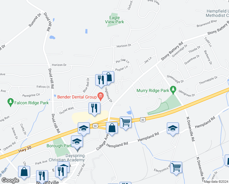 map of restaurants, bars, coffee shops, grocery stores, and more near 25 Beechtree Lane in Mountville