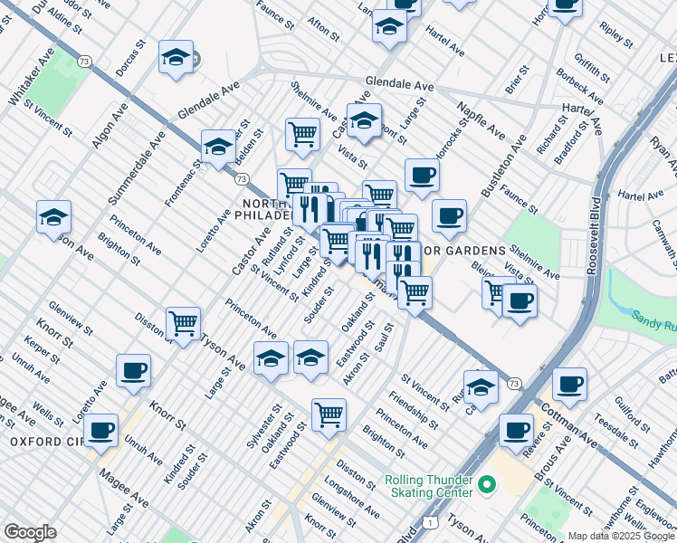 map of restaurants, bars, coffee shops, grocery stores, and more near 2118 Cottman Avenue in Philadelphia
