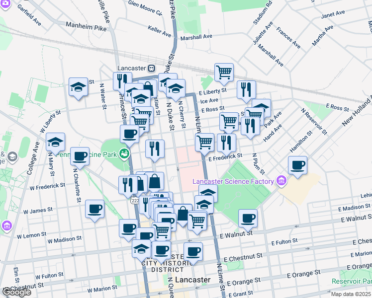 map of restaurants, bars, coffee shops, grocery stores, and more near 124 East New Street in Lancaster