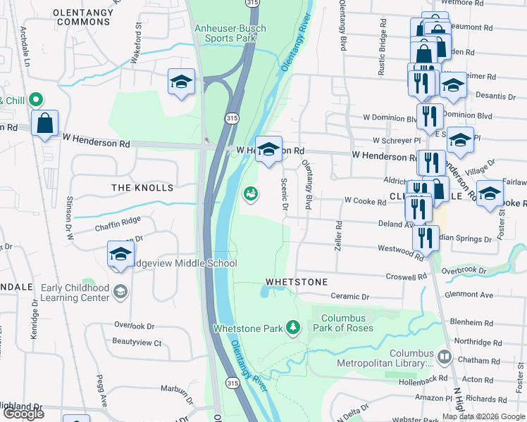 map of restaurants, bars, coffee shops, grocery stores, and more near 4405 Scenic Drive in Columbus