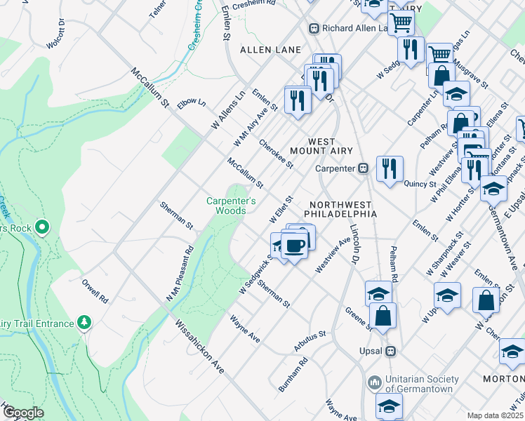map of restaurants, bars, coffee shops, grocery stores, and more near 622 Glen Echo Road in Philadelphia