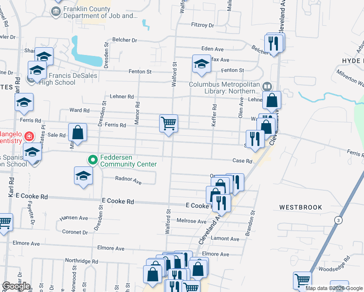 map of restaurants, bars, coffee shops, grocery stores, and more near 2028 Case Road in Columbus