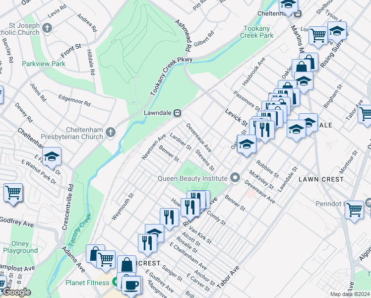 map of restaurants, bars, coffee shops, grocery stores, and more near 6135 Reach Street in Philadelphia