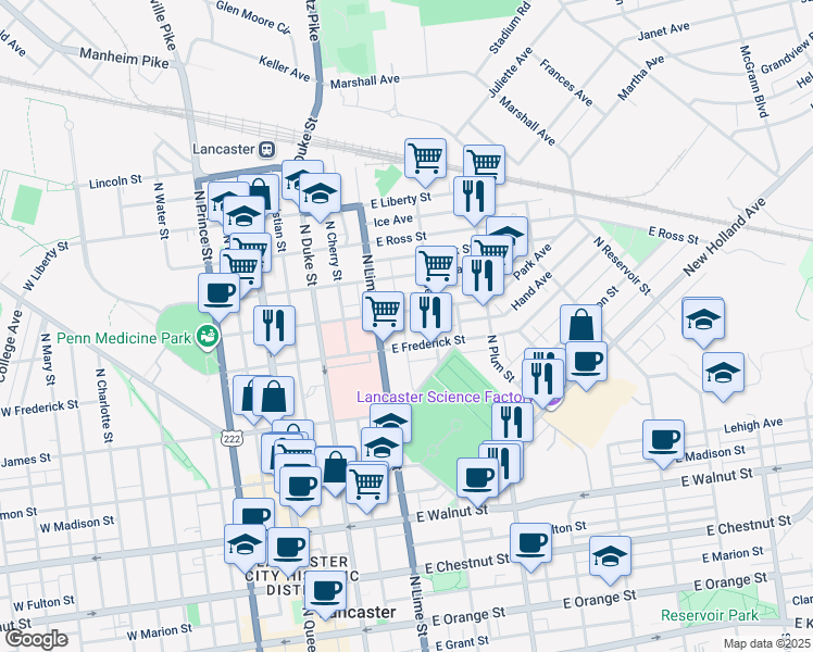 map of restaurants, bars, coffee shops, grocery stores, and more near 620 North Jefferson Street in Lancaster