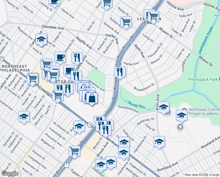 map of restaurants, bars, coffee shops, grocery stores, and more near 7400 Roosevelt Boulevard in Philadelphia