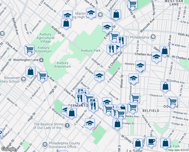 map of restaurants, bars, coffee shops, grocery stores, and more near 961 East Chelten Avenue in Philadelphia