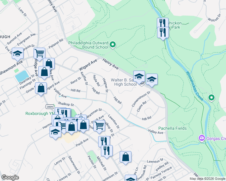 map of restaurants, bars, coffee shops, grocery stores, and more near 7245 Hill Road in Philadelphia