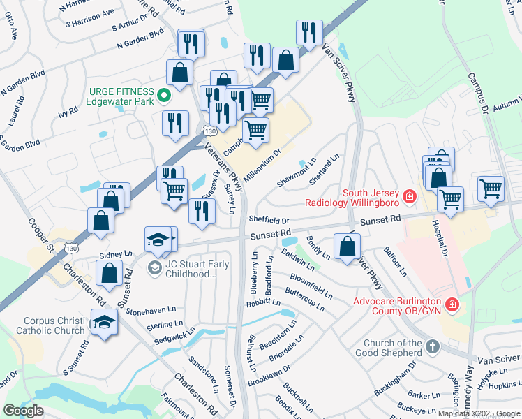 map of restaurants, bars, coffee shops, grocery stores, and more near 8 Shawmont Lane in Willingboro