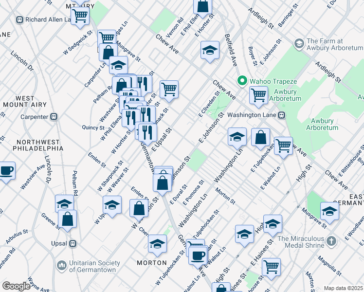 map of restaurants, bars, coffee shops, grocery stores, and more near 120 East Cliveden Street in Philadelphia