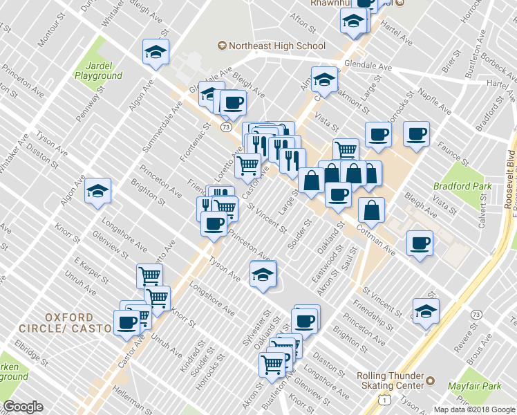map of restaurants, bars, coffee shops, grocery stores, and more near 7203 Rutland Street in Philadelphia