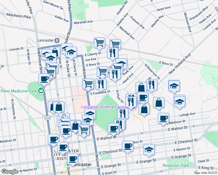 map of restaurants, bars, coffee shops, grocery stores, and more near 326 Hand Avenue in Lancaster