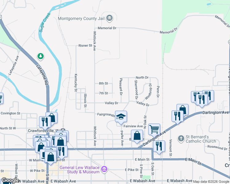 map of restaurants, bars, coffee shops, grocery stores, and more near 610 Brook Street in Crawfordsville