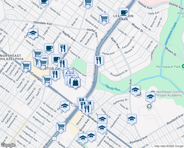 map of restaurants, bars, coffee shops, grocery stores, and more near 7400 Roosevelt Boulevard in Philadelphia