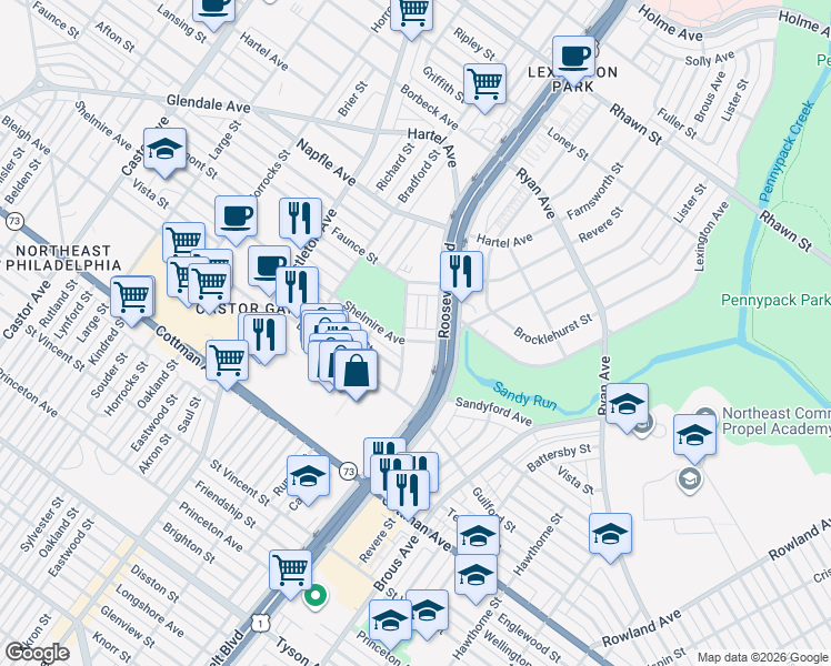 map of restaurants, bars, coffee shops, grocery stores, and more near 7400 Roosevelt Boulevard in Philadelphia