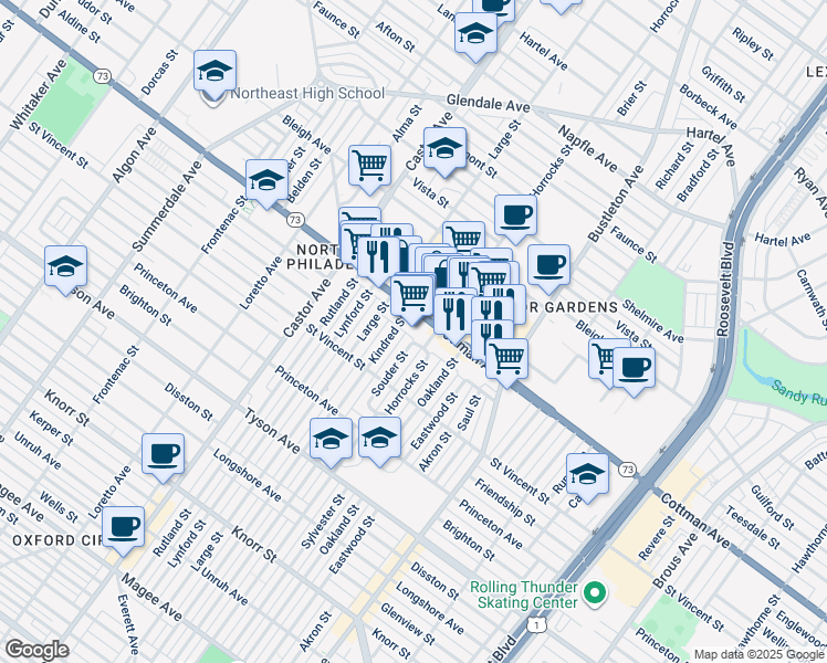 map of restaurants, bars, coffee shops, grocery stores, and more near 7252 Horrocks Street in Philadelphia