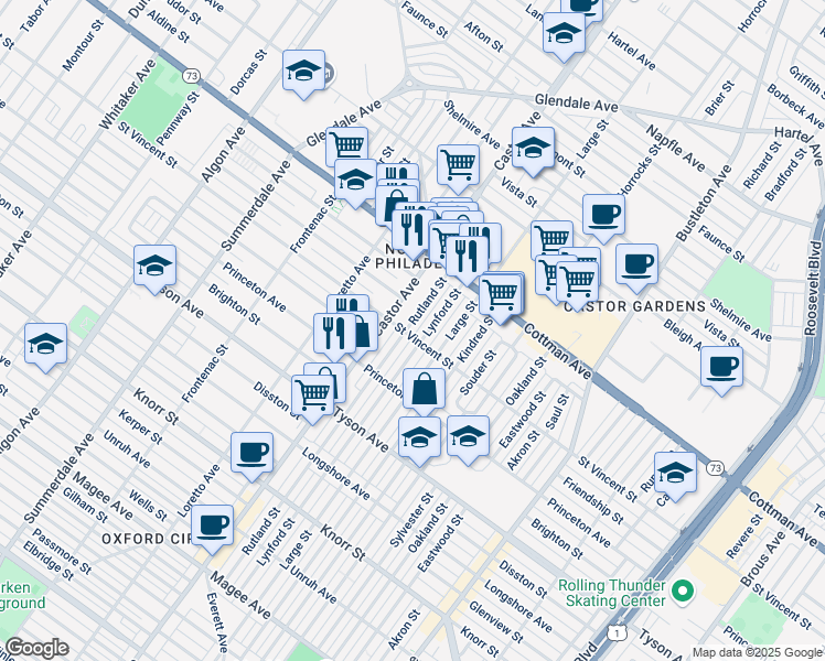 map of restaurants, bars, coffee shops, grocery stores, and more near 7203 Rutland Street in Philadelphia