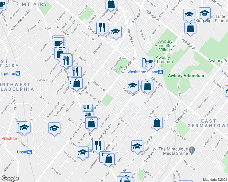 map of restaurants, bars, coffee shops, grocery stores, and more near 6363 Magnolia Street in Philadelphia