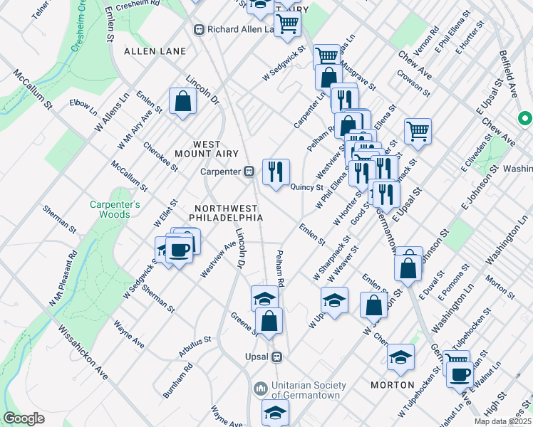 map of restaurants, bars, coffee shops, grocery stores, and more near 6762 Emlen Street in Philadelphia