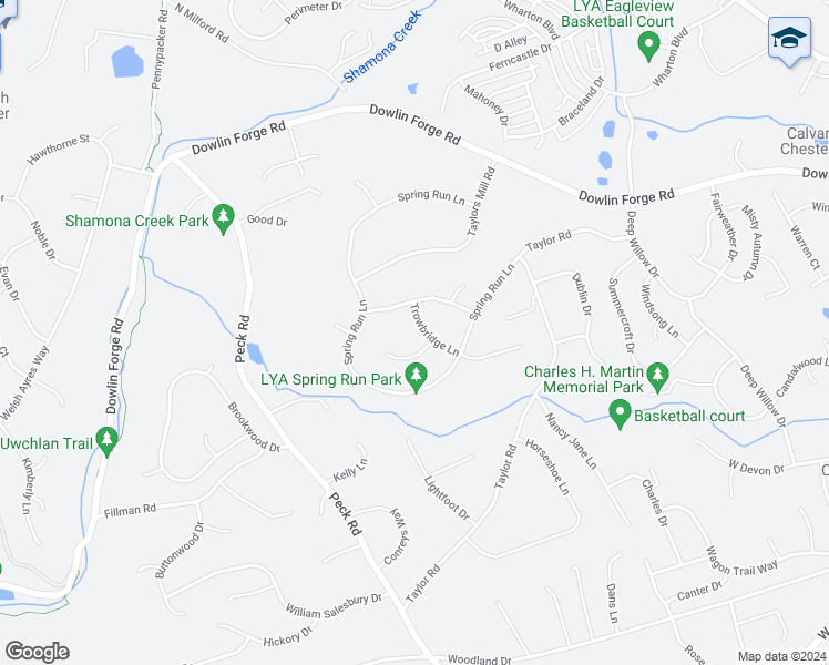 map of restaurants, bars, coffee shops, grocery stores, and more near 105 Trowbridge Lane in Downingtown