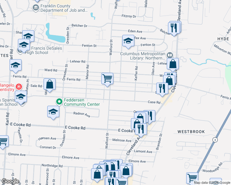 map of restaurants, bars, coffee shops, grocery stores, and more near 2028 Case Road in Columbus