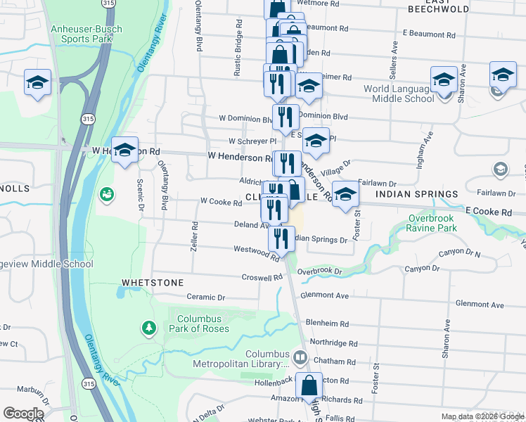 map of restaurants, bars, coffee shops, grocery stores, and more near 62 Deland Avenue in Columbus