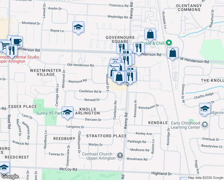 map of restaurants, bars, coffee shops, grocery stores, and more near 4385 Castleton Road in Columbus