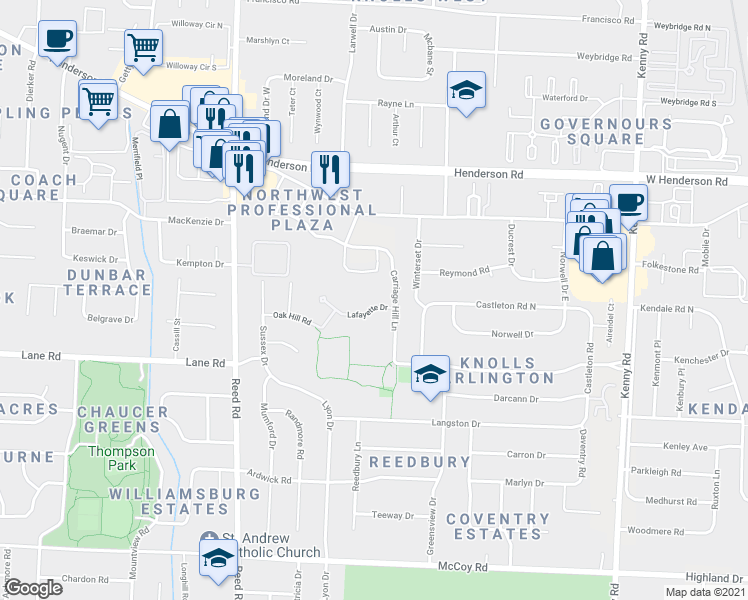 map of restaurants, bars, coffee shops, grocery stores, and more near 1505 Lafayette Drive in Upper Arlington
