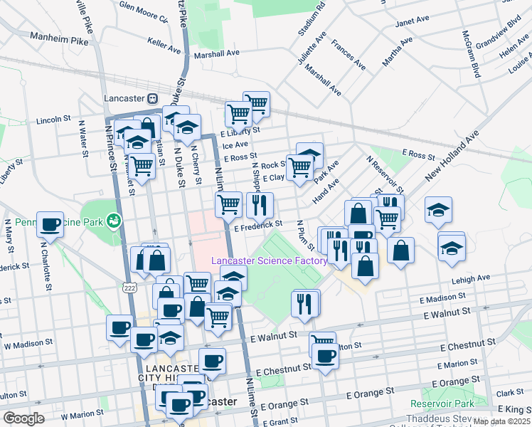 map of restaurants, bars, coffee shops, grocery stores, and more near 615 North Shippen Street in Lancaster