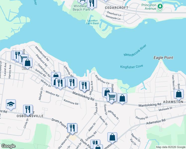 map of restaurants, bars, coffee shops, grocery stores, and more near 53 Arbutus Avenue in Brick Township