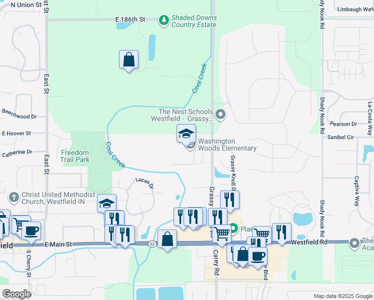 map of restaurants, bars, coffee shops, grocery stores, and more near 17950 Grassy Branch Road in Westfield