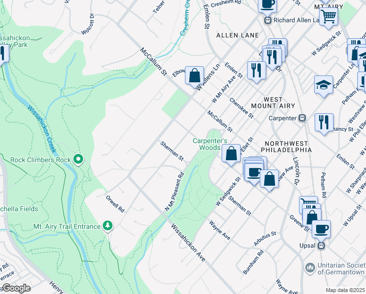 map of restaurants, bars, coffee shops, grocery stores, and more near 706 West Mount Airy Avenue in Philadelphia